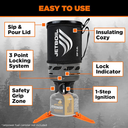 Jetboil - Estufa portátil de ebullición rápida con cierre de 0,8 l con botón de giro fácil para mochileros y camping, quemador de propano/isobutano con taza de cocina, carbono
