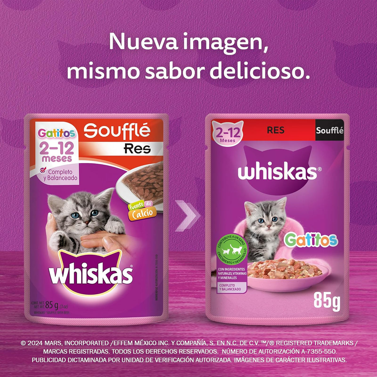 Whiskas - Alimento Húmedo para Gatitos, Sabor Soufflé de Res, con Proteína, Zinc, Vitamina E y Fibra, 24 Sobres para Gato, 85 gr. c/u