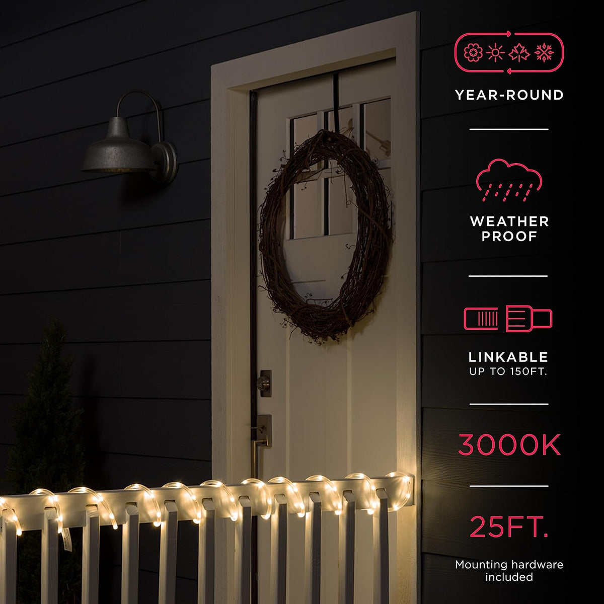 UltraPro 54504 - Cuerda de luces LED clásica, de 25 pies, luz blanca cálida de 3000 K, interior/exterior, flexible, enlazable, duradera, cuerda de luces al aire última intervensión