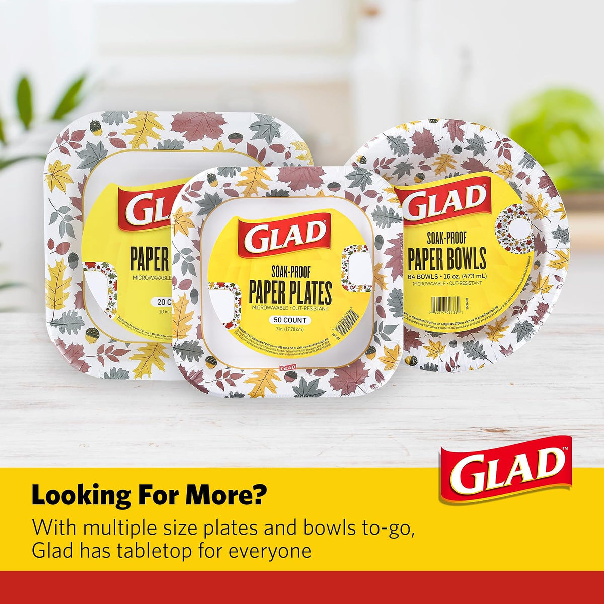 Glad Platos de Papel Desechables Cuadrados, Patrón de Follaje Otoñal - Fuertes, Resistentes, Impermeables y Aptos para Microondas, Platos Decorativos para Cena y Uso Diario, 10 Pulgadas, 20 Unidades