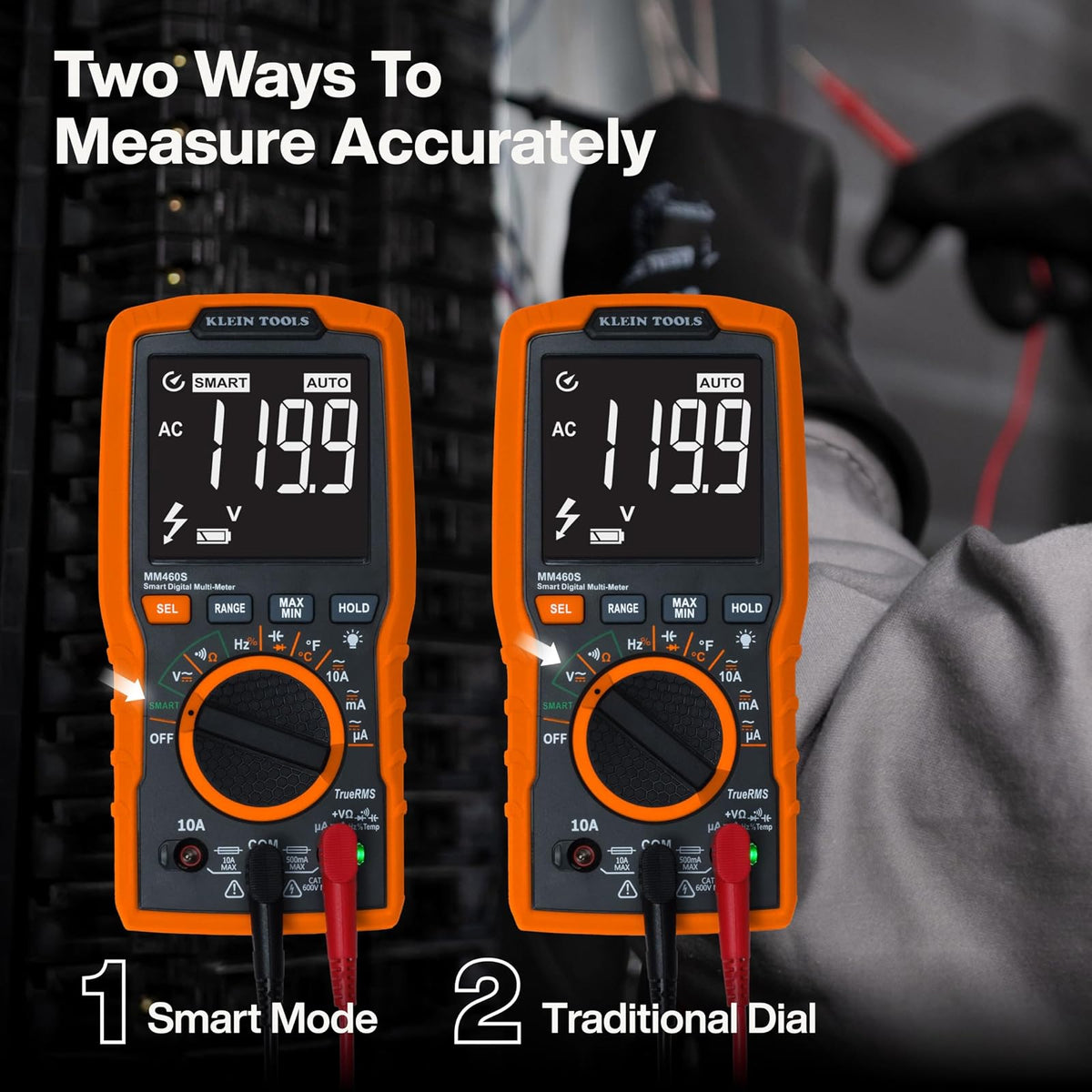 Klein Tools MM460S Multímetro digital, TRMS de rango automático de 600 V CA/CC, probador de voltaje, visualización retroiluminada con operación manos libres