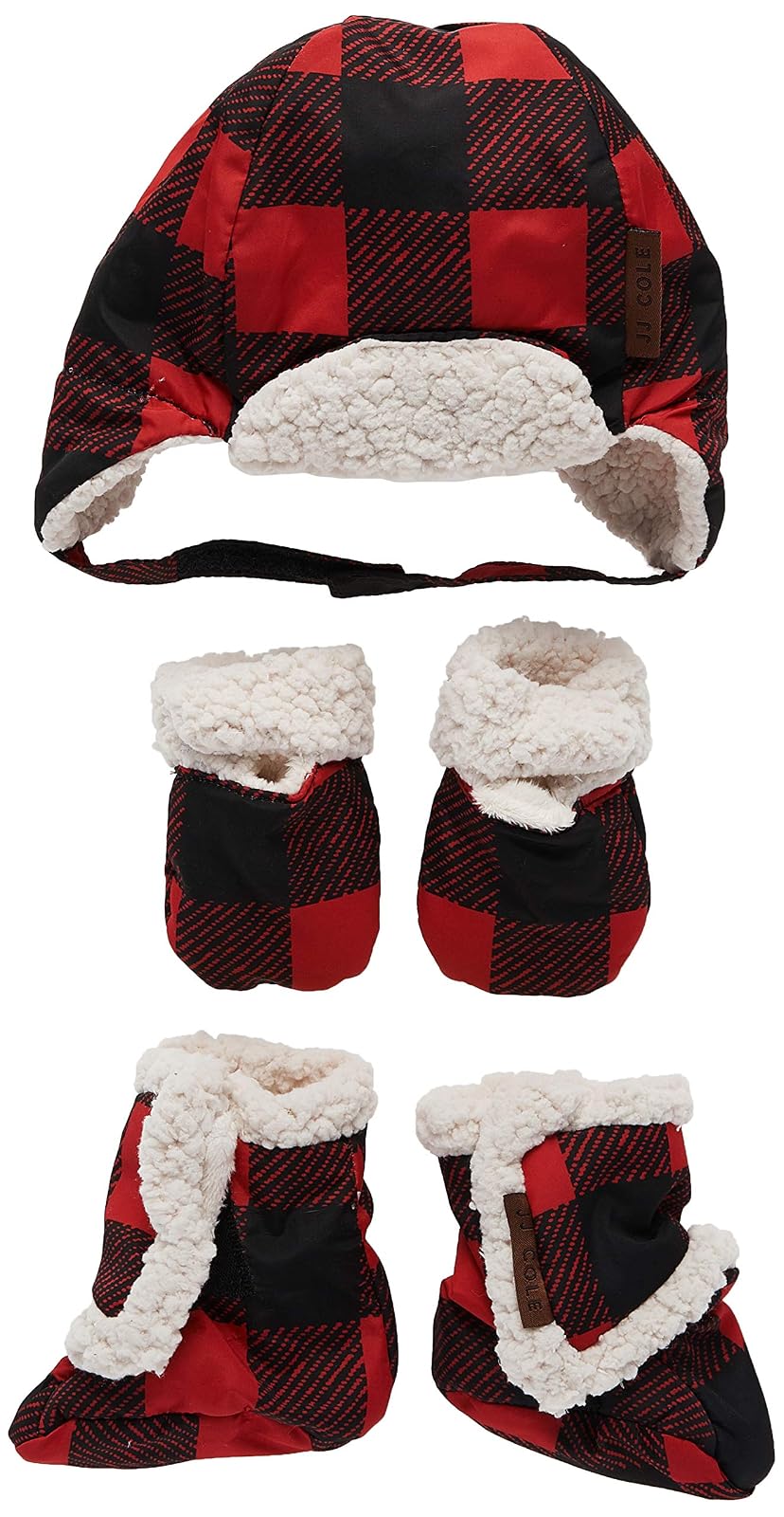 JJ Cole Juego de Gorro, Manoplas y Botines de Invierno para bebé, Esenciales de Invierno para bebé, 0 a 6 Meses, Cuadros Rojos
