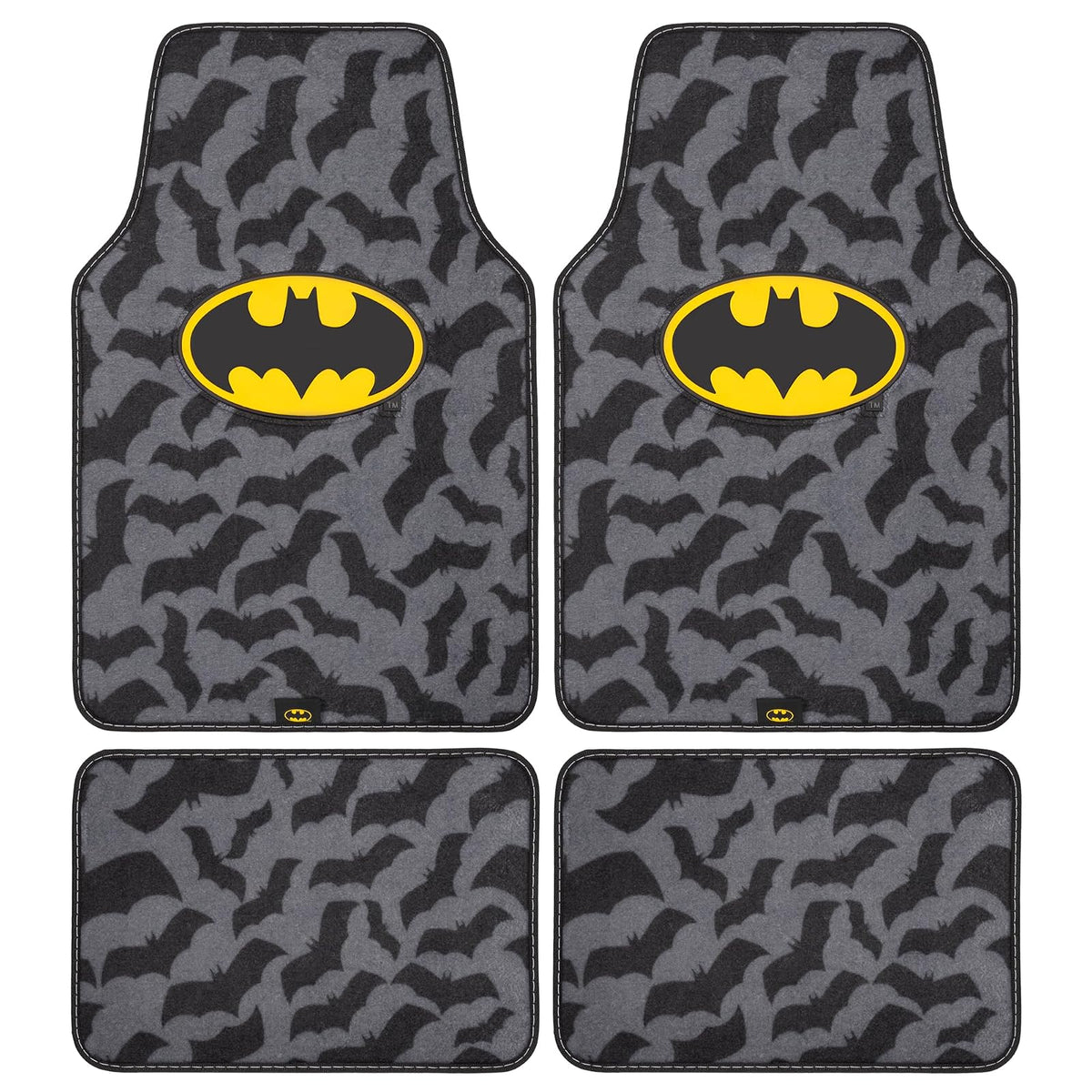 BDK Warner Bros DC Comics Batman - Alfombrillas únicas de impresión completa para automóvil, ajuste universal, juego de 4 piezas, alfombra, delantera 26 x 16.5 pulgadas, trasera 14 x 16.5 pulgadas, agarre