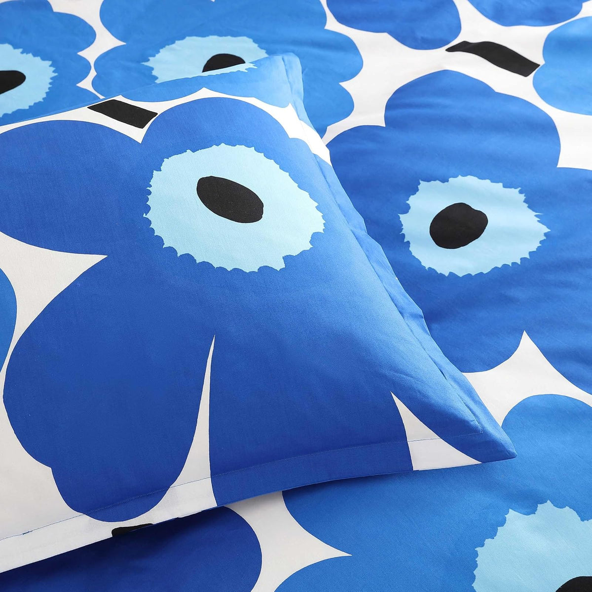 MARIMEKKO - Juego de Funda de edredón Reversible tamaño Full/Queen, percal de algodón con Fundas Decorativas a Juego, diseño Floral Unikko en Azul, Ropa de Cama para el hogar