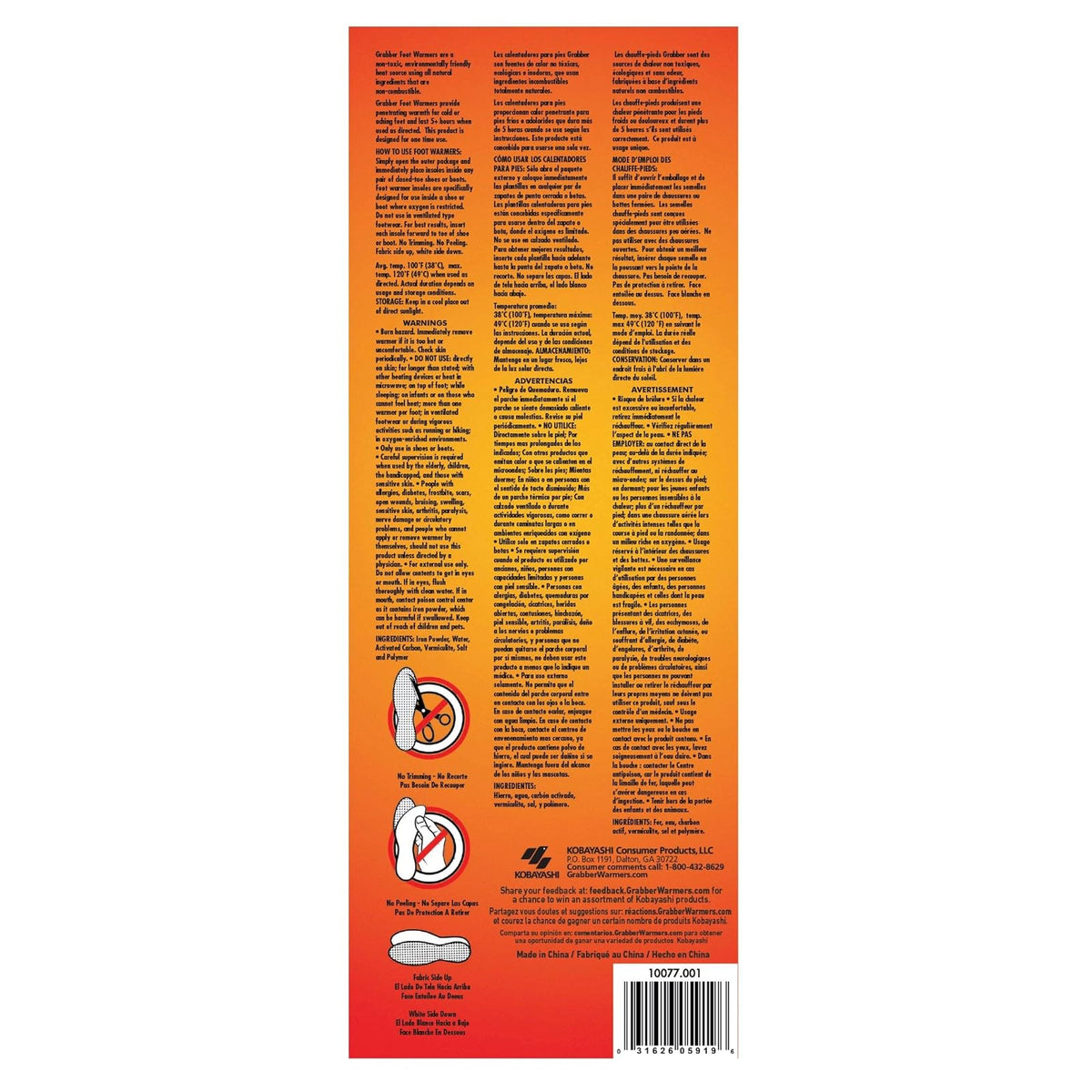 Grabber Insole Foot Warmers - Long Lasting Safe Natural Odorless Air Activated Warmers - Up to 5 Hours of Heat - 30 Pair