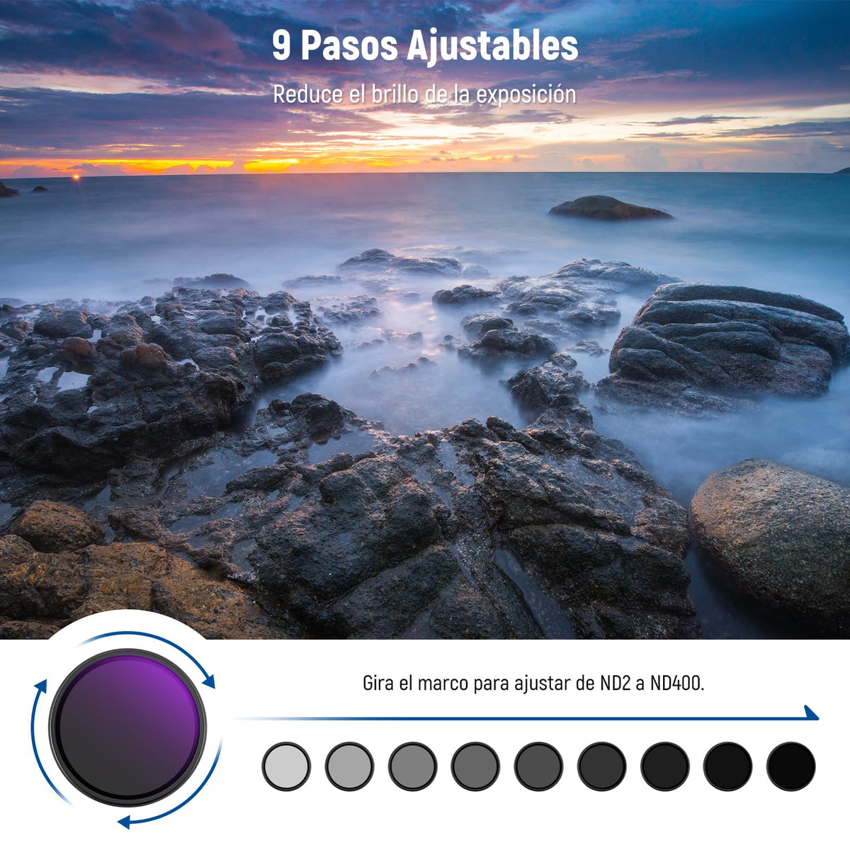 NEEWER 58 mm ND2-400 Filtro ND Variable (1-9 Pasos) con 3 Paños Limpieza, Filtro Densidad Neutra Variable Giratorio Ajustable para Lentes Cámara Vidrio Optico Multicapa para Equilibrar Exposición