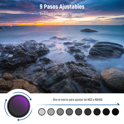 NEEWER 58 mm ND2-400 Filtro ND Variable (1-9 Pasos) con 3 Paños Limpieza, Filtro Densidad Neutra Variable Giratorio Ajustable para Lentes Cámara Vidrio Optico Multicapa para Equilibrar Exposición