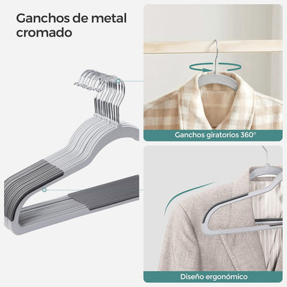 SONGMICS Perchas de Ropa, Juego de 50, Antideslizantes, Gancho Giratorio de 360°, Gris Claro y Gris Oscuro MCRF50G