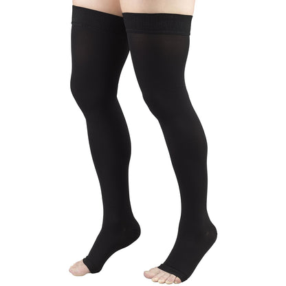 Truform 20-30 mmHg Compression Stockings For Men and Women, Thigh High Length, Dot-Top, Open Toe Black, Pack of 1