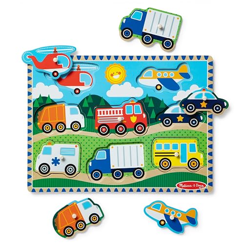 Melissa & Doug Rompecabezas de Vehículos con Clavijas, Juguete de Madera, Coloridas Ilustraciones de Vehículos, Construcción de Madera Extra-Gruesa (8 Piezas)