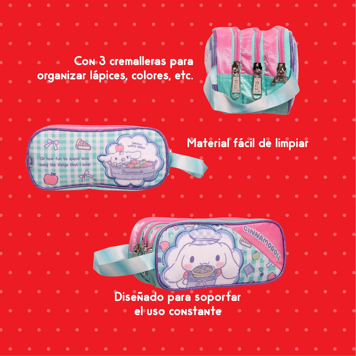 Ruz Lapicera Triple Infantil y Preescolar | Cinnamoroll | 100% Poliéster | Estuche Organizador para Niños con Compartimentos y Cierre de Cremallera | Recomendado desde 3 años