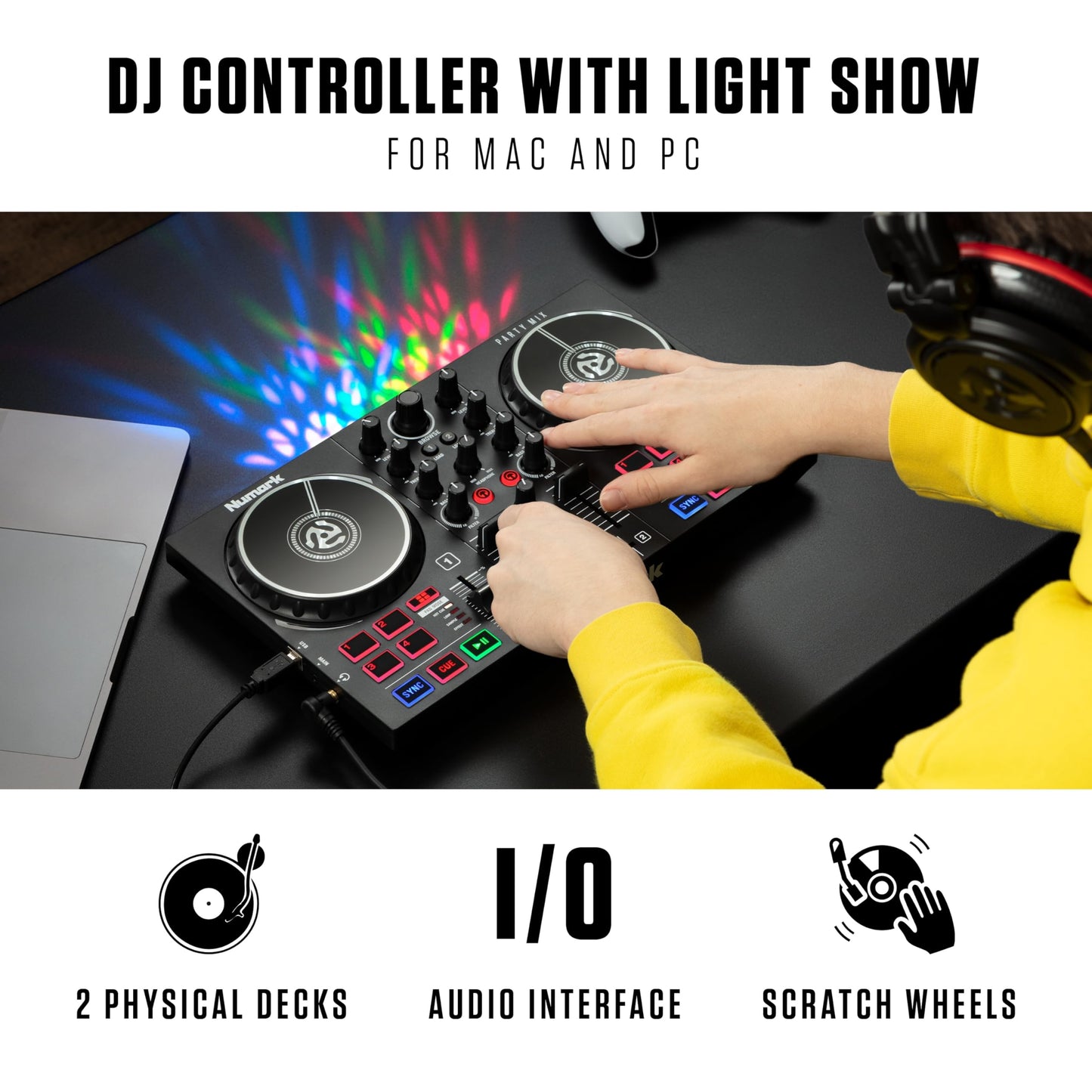Numark Party Mix II - Controlador DJ con 2 decks y luces integradas, interfaz de audio, mezcladora DJ para Serato DJ Lite y Algoriddim djay Pro AI