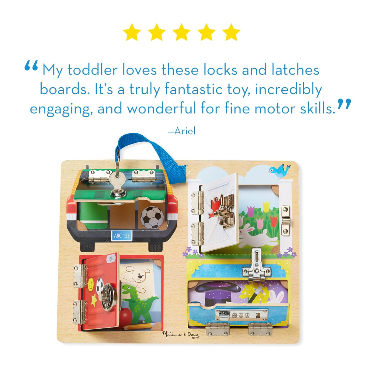 Melissa & Doug Tablero de Juego con Cierres y Cerraduras, Juguete de Madera, Juguete Educativo, Construcción Robusta de Madera, Ayuda a Desarrollar Habilidades Motoras Finas (5.842 cm alto x 24.003 cm ancho x 3.556 cm largo)