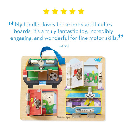 Melissa & Doug Tablero de Juego con Cierres y Cerraduras, Juguete de Madera, Juguete Educativo, Construcción Robusta de Madera, Ayuda a Desarrollar Habilidades Motoras Finas (5.842 cm alto x 24.003 cm ancho x 3.556 cm largo)