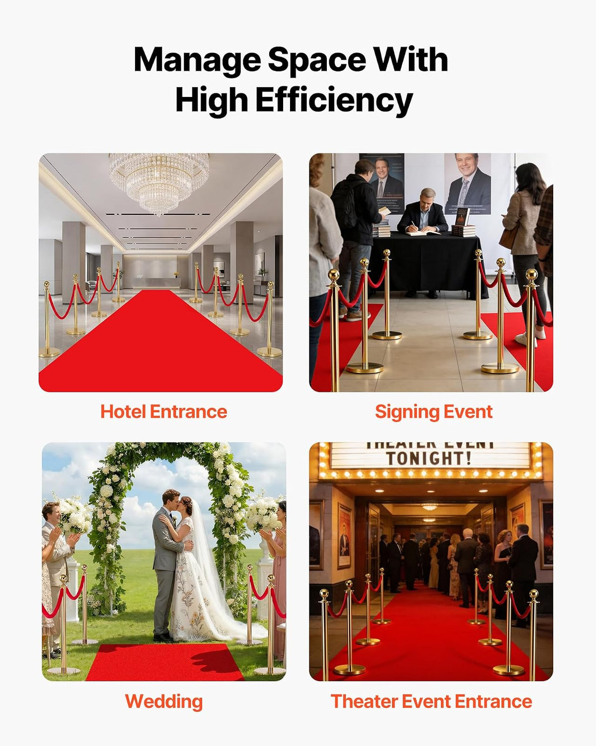 VEVOR Poste Guía de Barrera 8 Piezas con 6 Cuerdas de Terciopelo y Alfombra Roja, Barrera de Marcado de Control con Base, para Cola de Separación de Demarcación en Teatro Hotel Exposición, Dorado