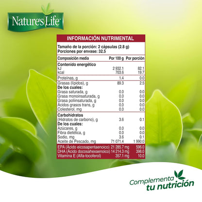Nature's Life - Aceite de Pescado Sin Olor Omega 3 Vitamina E 65 Cápsulas | Aporta EPA y DHA, ayuda a cuidar la salud cardiovascular, sin gluten, sin lactosa y sin trigo, apto para mayores de 18 años