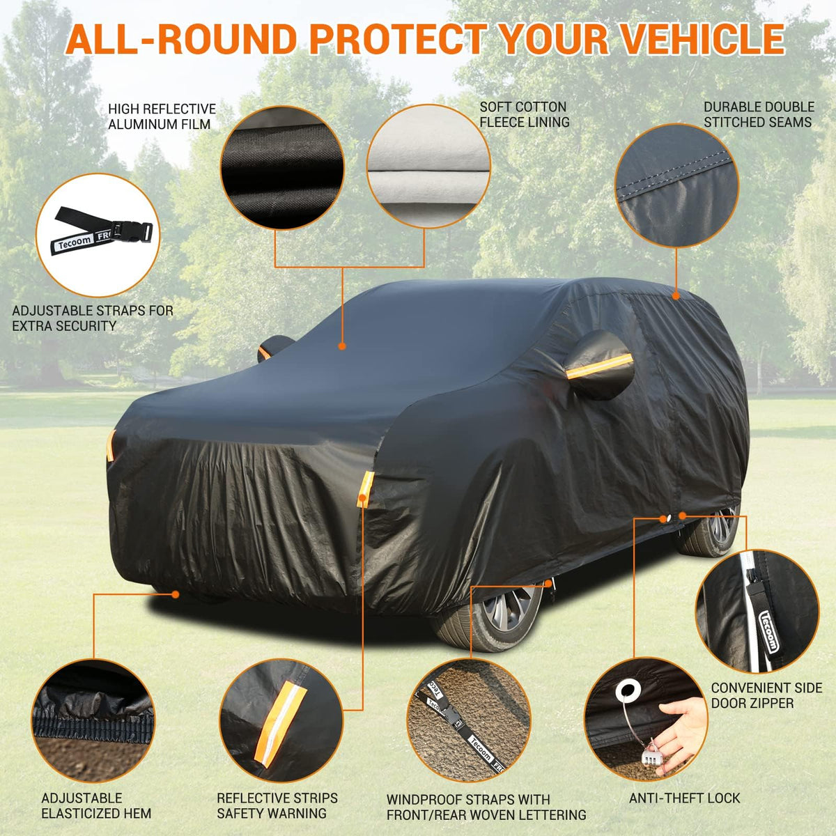 Tecoom - Funda Impermeable para Automóvil para Todo Tipo de Clima, 3 Capas de Fundas de Automóvil para automóviles con Cerradura/Cierre de Cierre, Forro Polar Grueso, Protector de UV, Nieve, Lluvia, Granizo