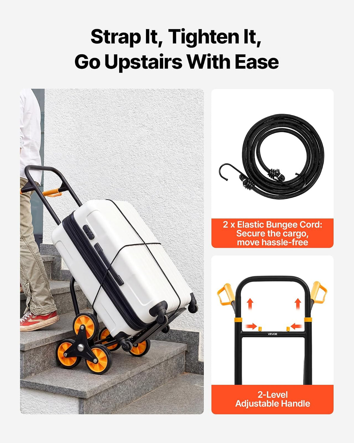 VEVOR Carretilla para Subir Escaleras Carga de 200 kg, Carro de Escalera Plegable con Asa Telescópica, 6 Ruedas y 2 Cuerdas Elásticas, para Transporte, Almacén, Centro Comercial, Mudanzas, Oficina