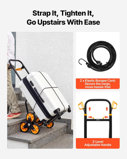 VEVOR Carretilla para Subir Escaleras Carga de 200 kg, Carro de Escalera Plegable con Asa Telescópica, 6 Ruedas y 2 Cuerdas Elásticas, para Transporte, Almacén, Centro Comercial, Mudanzas, Oficina