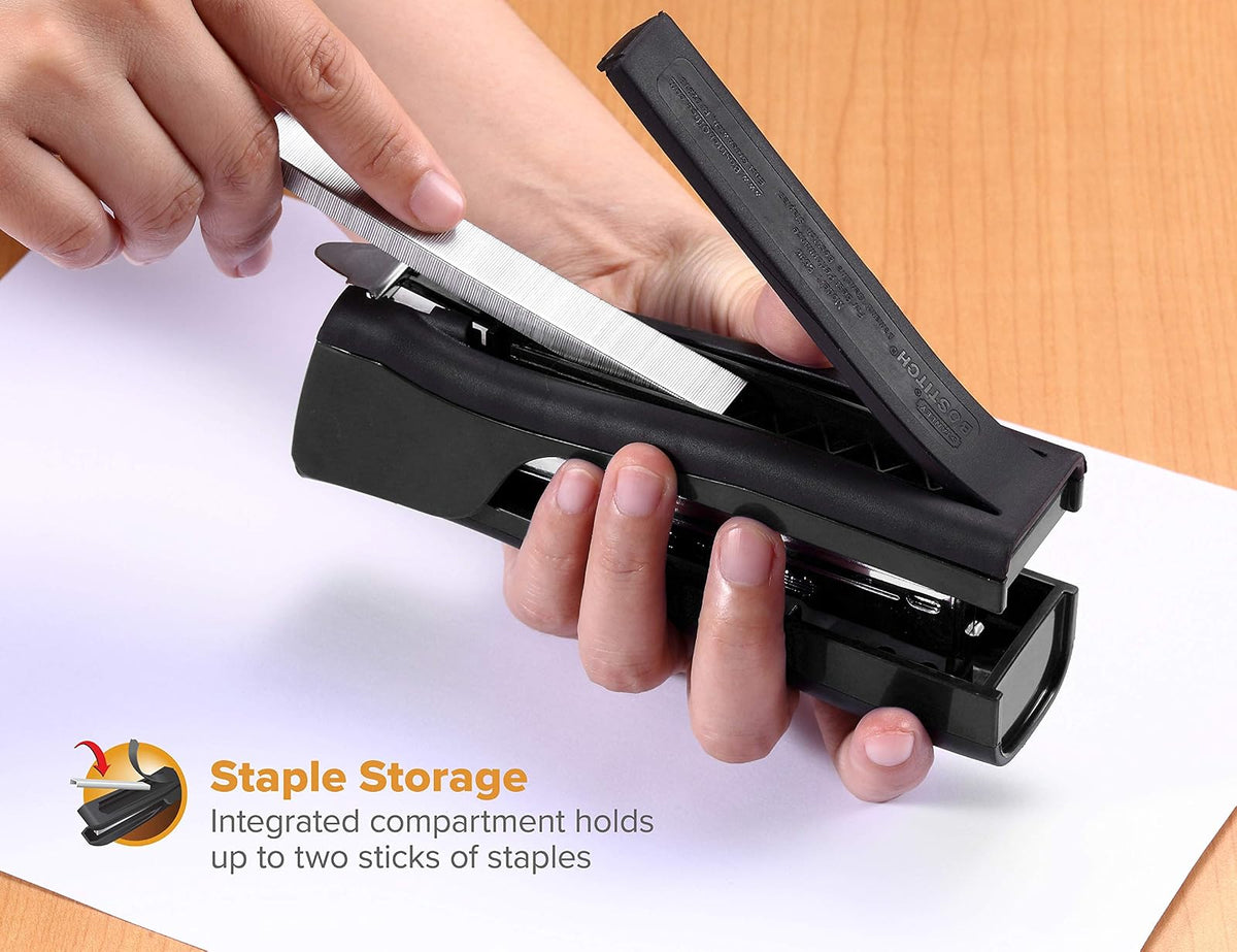 Bostitch Office Eco-Friendly Dynamo - Grapadora de pie 4 en 1, incluye 420 grapas, capacidad de 20 hojas, sacapuntas de lápiz integrado, removedor de grapas y almacenamiento de grapas, color negro