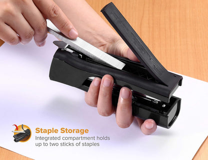 Bostitch Office Eco-Friendly Dynamo - Grapadora de pie 4 en 1, incluye 420 grapas, capacidad de 20 hojas, sacapuntas de lápiz integrado, removedor de grapas y almacenamiento de grapas, color negro