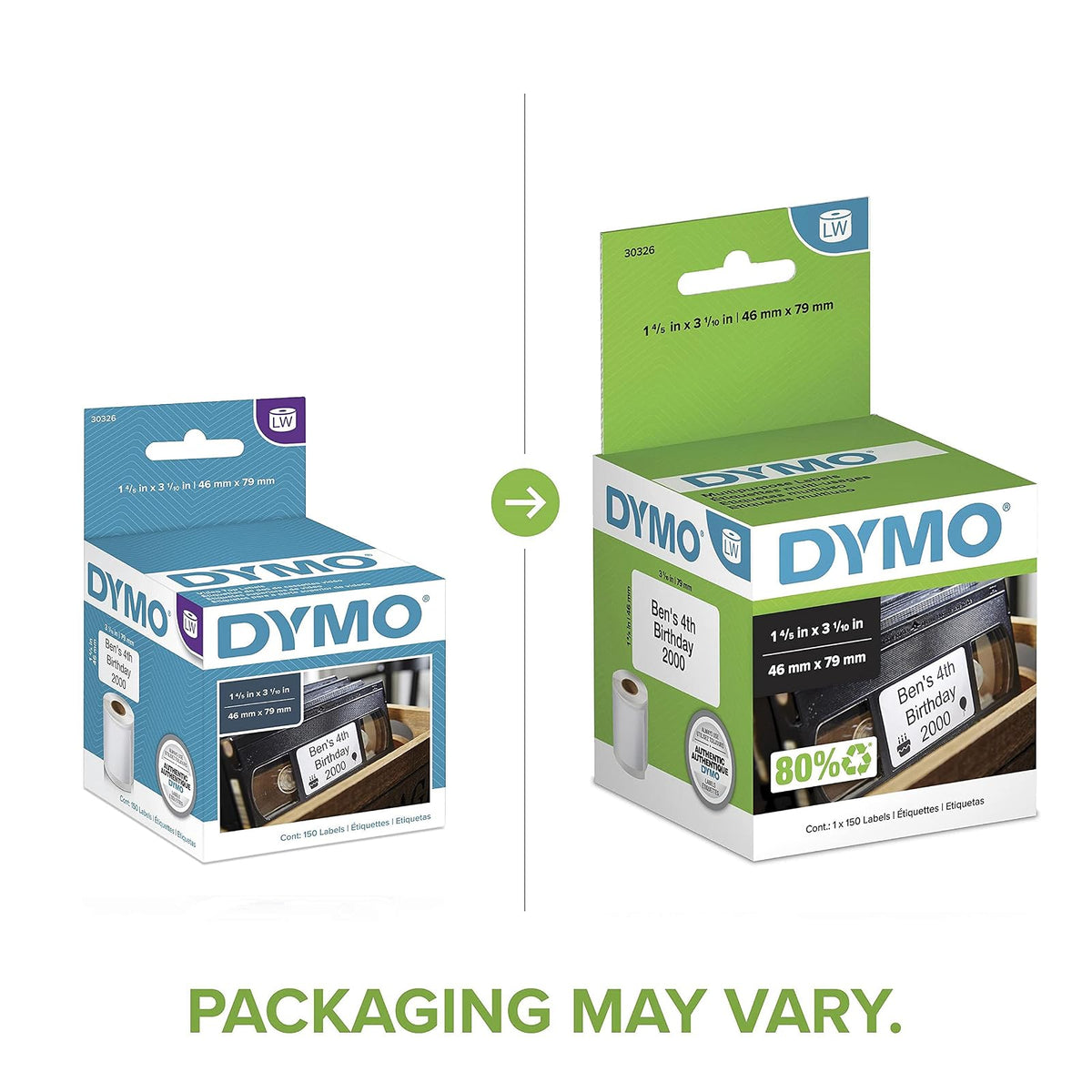 DYMO LW Video Top Labels for LabelWriter Label Printers, White, 1.8'' x 3.1'', 1 Roll of 150 - 30326