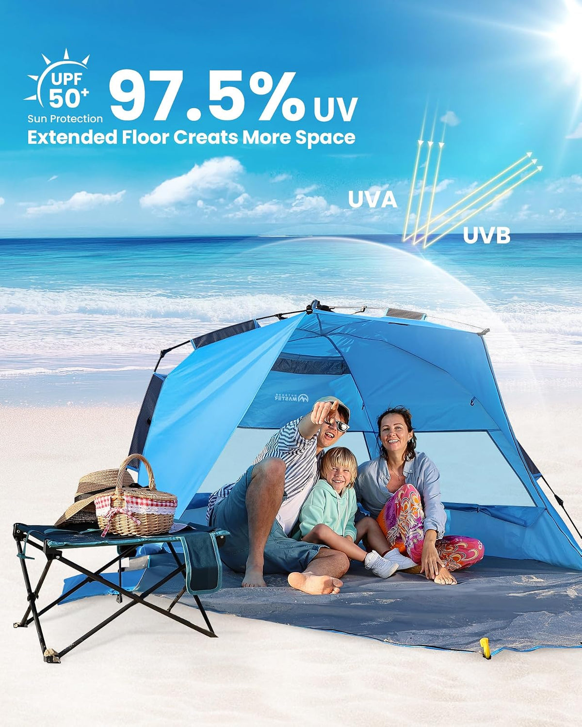 OutdoorMaster - Tienda de campaña de Playa desplegable para 4 Personas, fácil de Instalar y portátil, toldo de Playa con protección UPF 50+, protección UV, tragaluz extraíble, tamaño Familiar