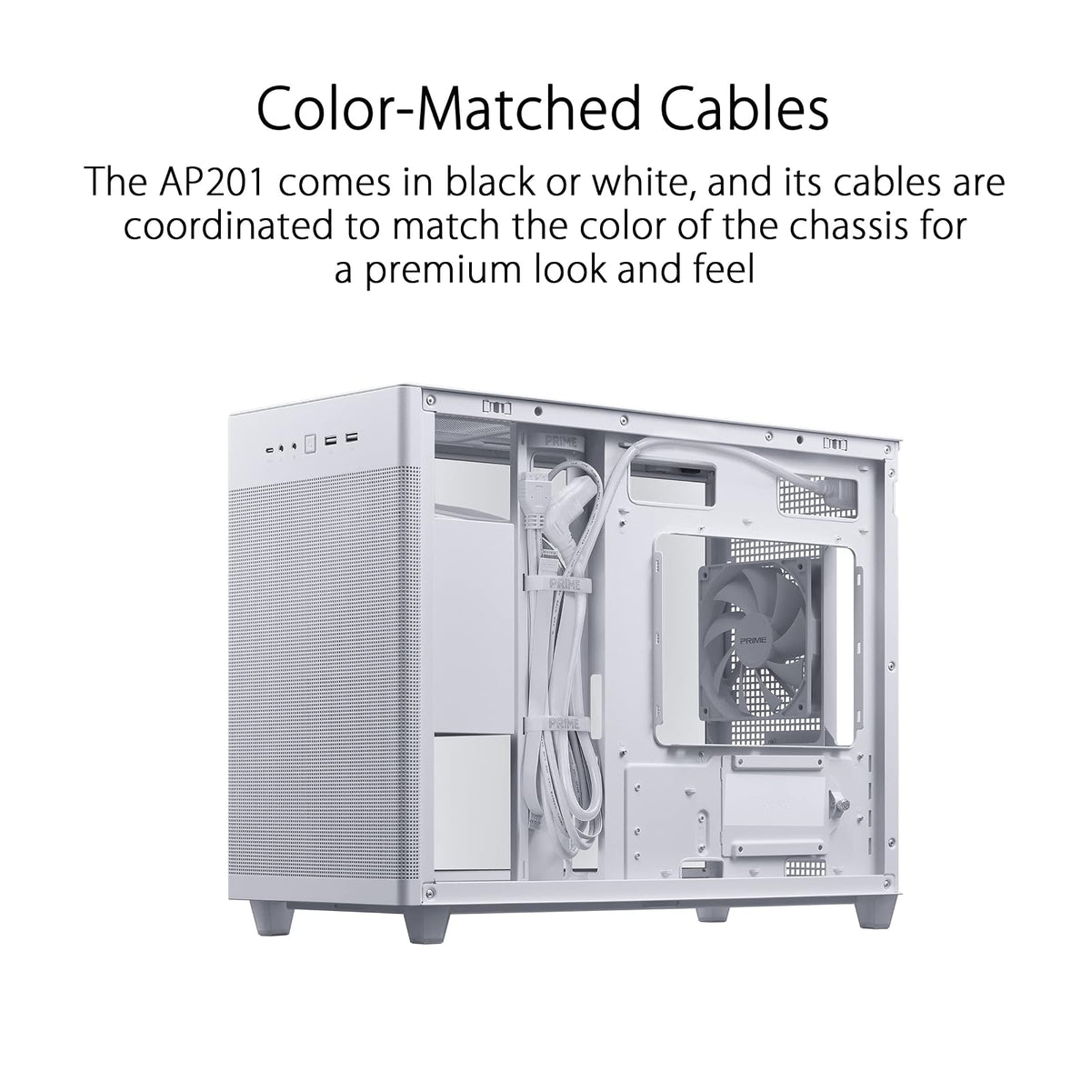 ASUS Prime AP201 White MicroATX Edición de vidrio templado compatible con tarjetas gráficas de hasta 338 mm, enfriadores de 360 mm y PSU ATX estándar, paneles laterales sin herramientas, panel lateral