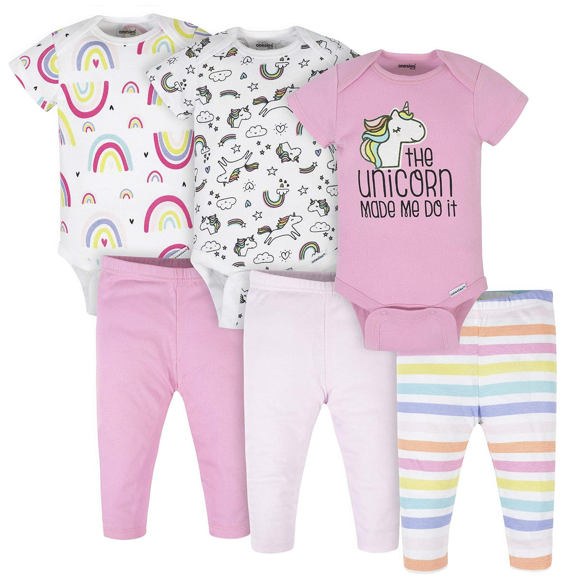 Onesies Brand Conjunto de 3 Mamelucos y 3 Pantalones para Bebé Niño - Unicornio rosa arco iris - 3-6 Meses