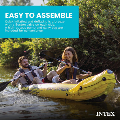 Intex 68307EP Explorer K2 Inflatable Kayak Set: Includes Deluxe 86in Aluminum Oars and High-Output Pump – SuperStrong PVC – Adjustable Seats with Backrest – 2-Person – 400lb Weight Capacity