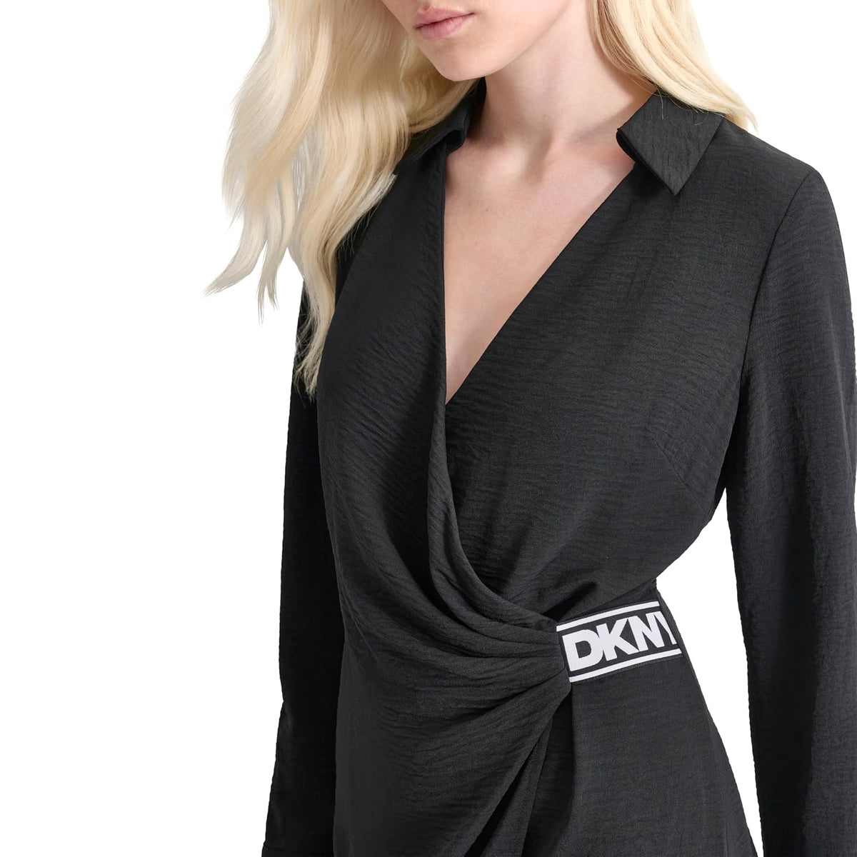 DKNY Vestido de Gasa de Manga Larga con Cuello Vestido para Mujer