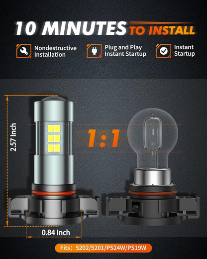 SEALIGHT 5202/5201/PS24W Bombillas LED Antiniebla 6000K Blanco Xenón 27 Chips SMD DRL, Paquete de 2