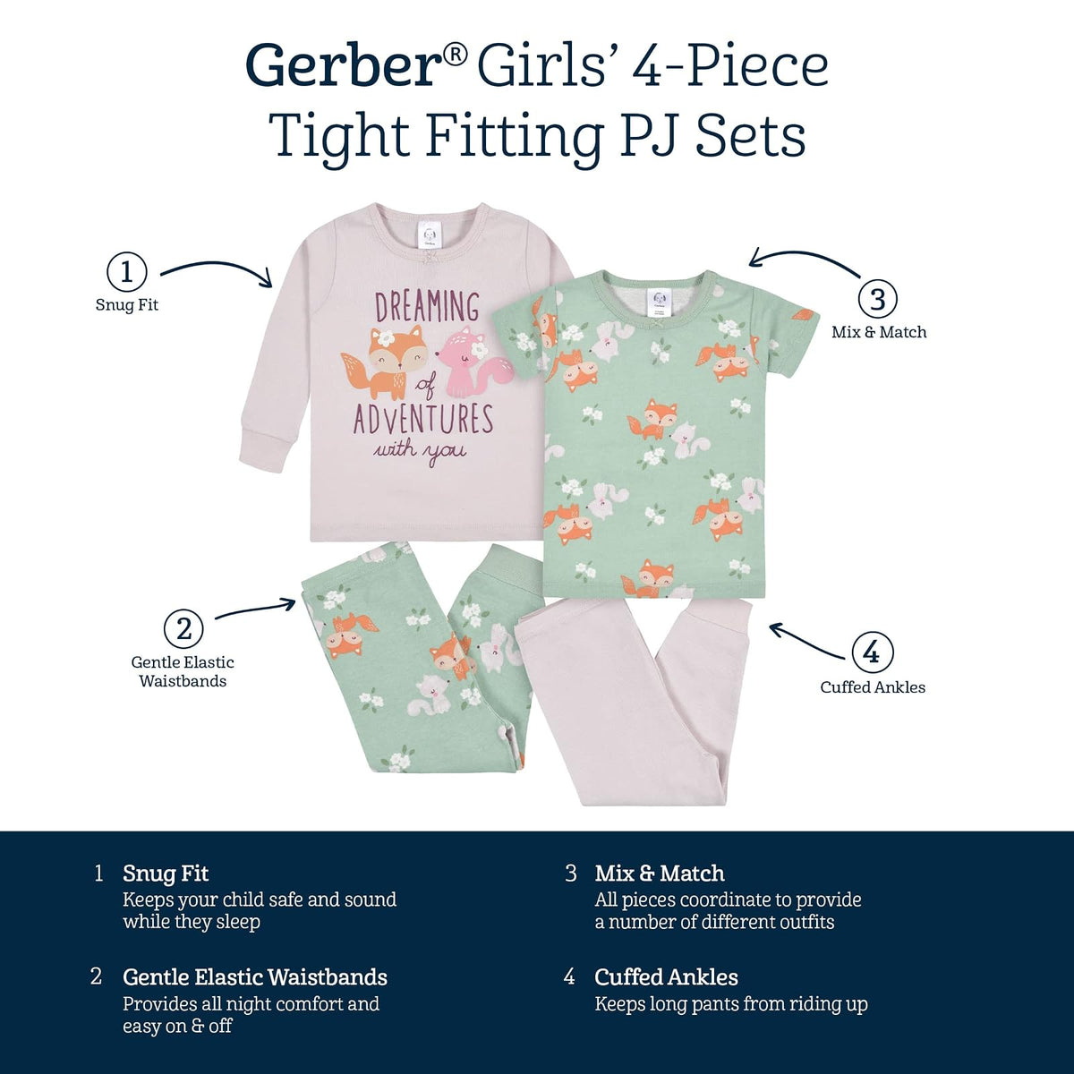 Gerber Conjunto de Pijama de 4 Piezas para bebés y niñas, Rosado