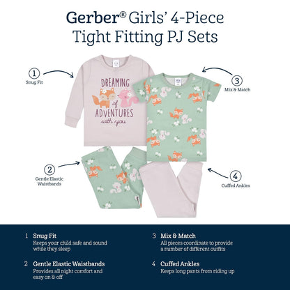 Gerber Conjunto de Pijama de 4 Piezas para bebés y niñas, Rosado