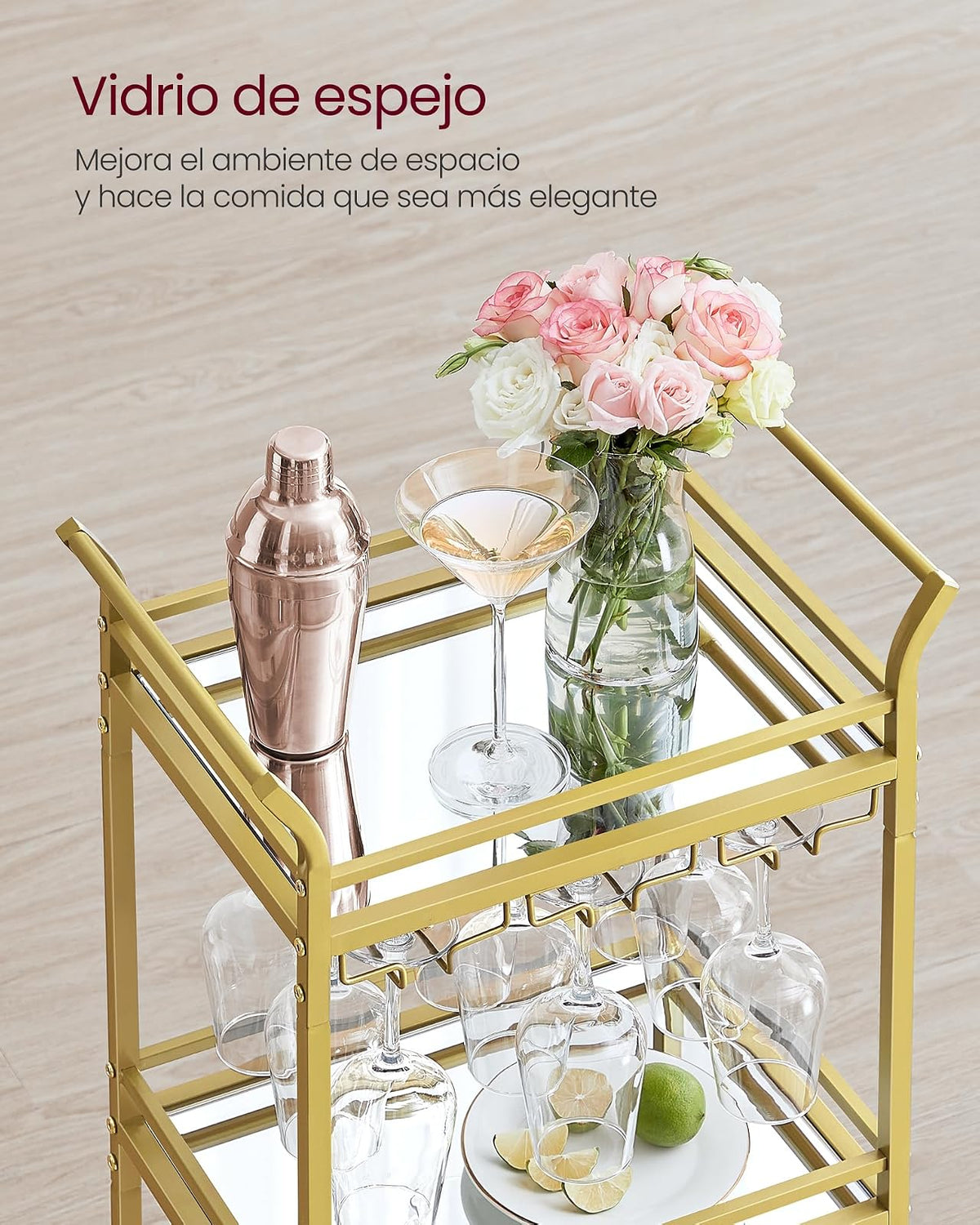 VASAGLE Carrito de 3 Niveles, Minicarrito de Bar, Ruedas, Pasamanos | Espacios Pequeños, Cocina, Comedor, Baño, Salón, Dorado Claro, Gris, Colección BARIS MLRC091A62