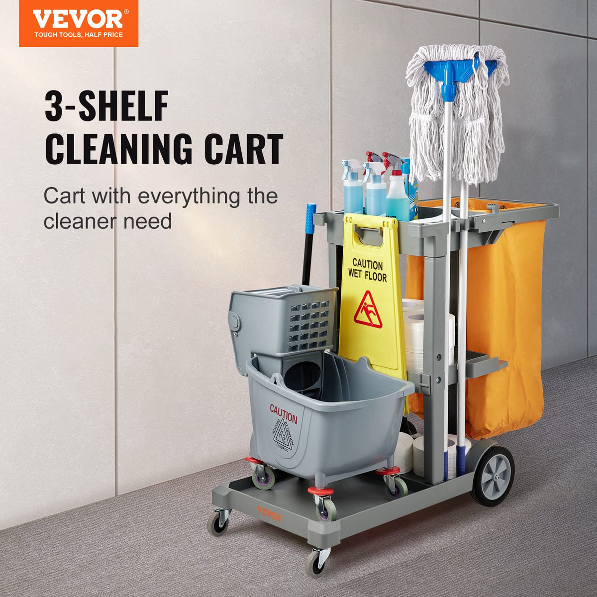 VEVOR - Carrito de Limpieza Comercial, 3 estantes, Carro de Limpieza de plástico de 200 Libras, con Bolsa de PVC de 25 galones, 47 x 20 x 38.5 Pulgadas, Amarillo + Gris