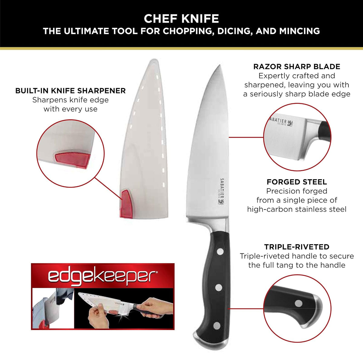 Sabatier - Cuchillo Santoku de acero inoxidable forjado con vaina de afilado automático EdgeKeeper, Cuchillo de chef, 8", Negro, 1 pieza, 1