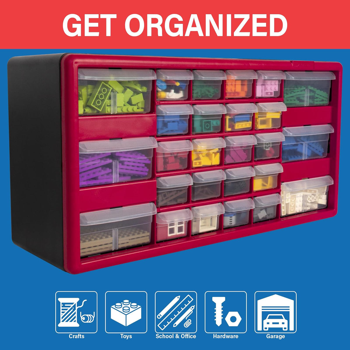 Akro-Mils 10126REDBLK 26 Drawer Plastic Parts Storage Hardware and Craft Cabinet, 20" x 10-1/4" x 6-3/8", Red/Black