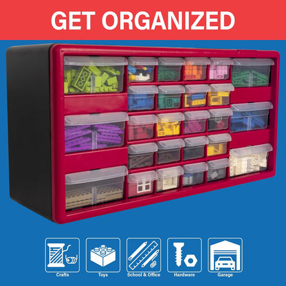 Akro-Mils 10126REDBLK 26 Drawer Plastic Parts Storage Hardware and Craft Cabinet, 20" x 10-1/4" x 6-3/8", Red/Black