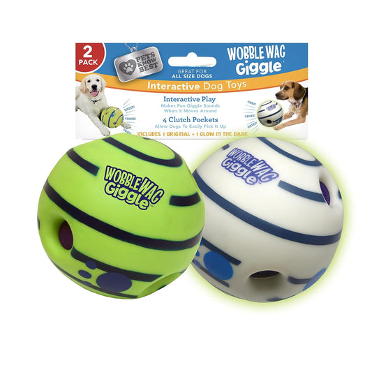 Wobble Wag Giggle Ball Paquete de 2 Juguetes interactivos para Perros, Divertidos Sonidos de risita Cuando se enrollan o se sacuden, Las Mascotas Saben Mejor: 1 Original y 1 Bola Que Brilla en la