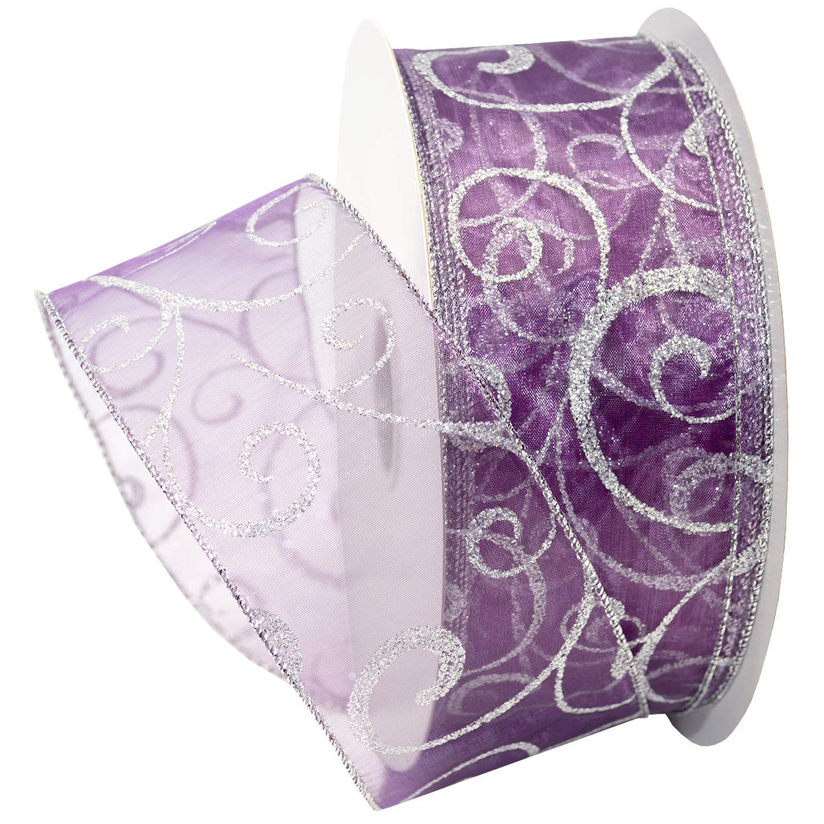 Morex Ribbon Swirl - Cinta Transparente con Purpurina con Alambre, Carrete de 2-1/2 Pulgadas por 50 Yardas, Morado/Plateado - 2.5 Inch By 50 Yards - Morado - plateado