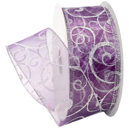 Morex Ribbon Swirl - Cinta Transparente con Purpurina con Alambre, Carrete de 2-1/2 Pulgadas por 50 Yardas, Morado/Plateado - 2.5 Inch By 50 Yards - Morado - plateado