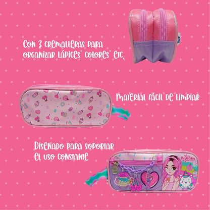 Ruz Lapicera Triple Infantil y Preescolar | Mis Pastelitos | 100% Poliéster | Portalápices de Tela para Niños con 2 Divisiones y Cierre de Cremallera | Recomendado desde 3 años
