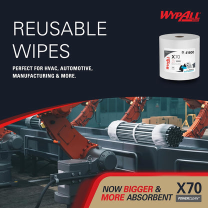 WypAll Power Clean X70 - Paños de trabajo medio (41600), rollo jumbo, rendimiento de larga duración, blanco, 1 rollo, 870 hojas