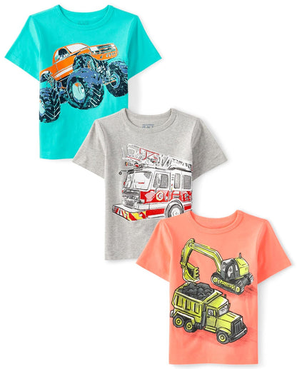 The Children's Place Camisetas Gráficas Manga Corta para Niño - Monster Truck - Construcción - automóvil de bomberos - 18-24 Meses
