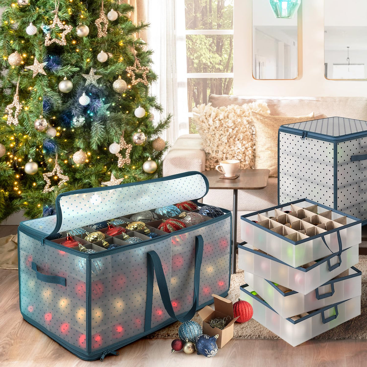 Hearth & Harbor Caja grande de almacenamiento de adornos de Navidad con separadores ajustables, contenedor de almacenamiento de adornos de plástico para 128 adornos o decoraciones navideñas