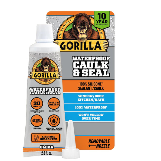 Gorilla - Calafateo 100% silicona, sellador impermeable, tubo de compresión de 2.8 onzas (paquete de 1) - Transparente - 10 años resistente al moho, cocina, ventana, baño, marina, puerta y más
