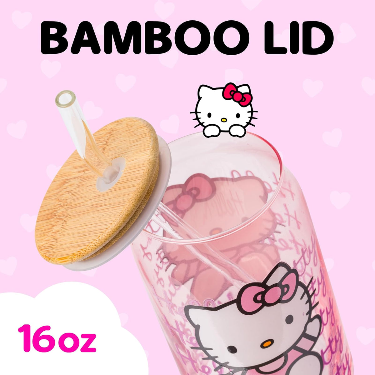 Silver Buffalo Sanrio Hello Kitty - Vaso de vidrio rosa con tapa de bambú y popote de vidrio, 16 onzas