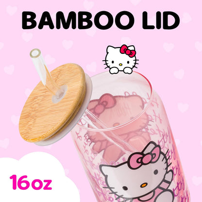 Silver Buffalo Sanrio Hello Kitty - Vaso de vidrio rosa con tapa de bambú y popote de vidrio, 16 onzas