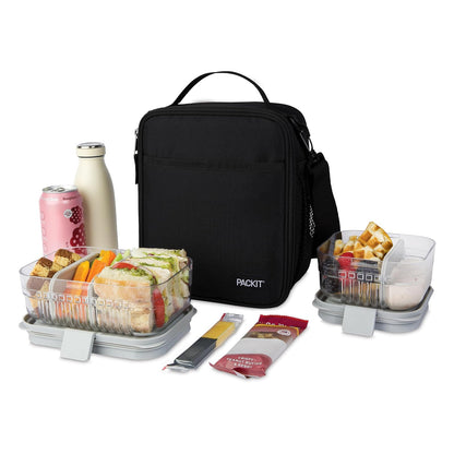PackIt® - Fiambrera cruzada congelable, negra, construida con tecnología ECOFREEZE®, totalmente congelable, plegable, reutilizable, con asa superior, bolsillo frontal deslizante. Llevar sin esfuerzo